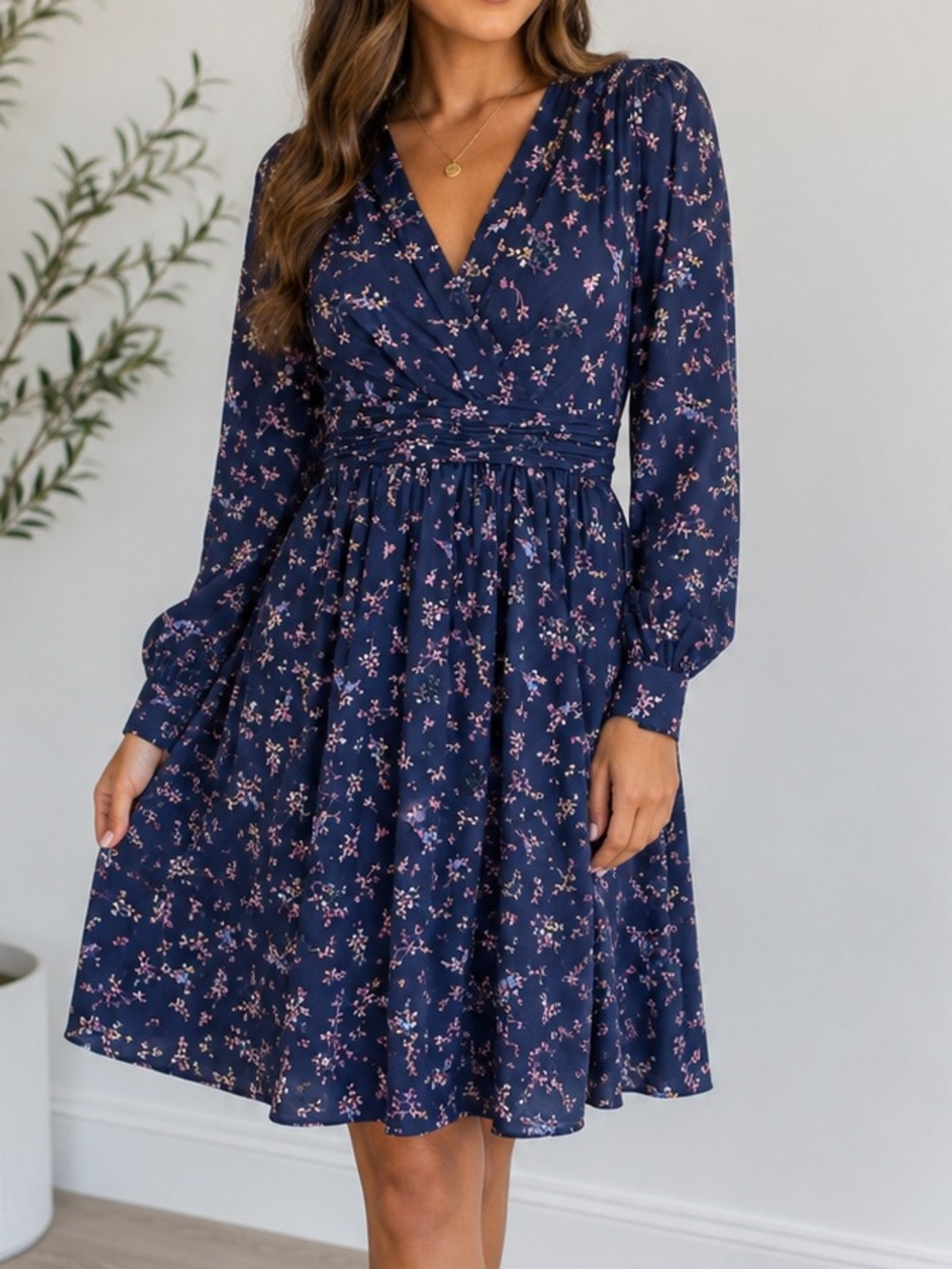 Gal Meets Glam Floral Fit & Flare Dress Surplice V Neck Long Sleeve Navy Size 00